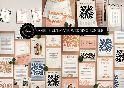 Amelie Collection - Wedding printables - Fully editable in Canva abstract invitation art inspired art inspired wedding artistic invitation boho wedding invitation canva template editorial wedding graphic design matisse inspired matisse wedding midcentury wedding modern wedding museum wedding neutral wedding save the date save the date template trendy wedding unique invitation unique wedding wedding save the date