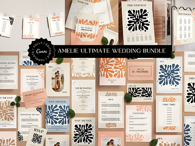 Amelie Collection - Wedding printables - Fully editable in Canva abstract invitation art inspired art inspired wedding artistic invitation boho wedding invitation canva template editorial wedding graphic design matisse inspired matisse wedding midcentury wedding modern wedding museum wedding neutral wedding save the date save the date template trendy wedding unique invitation unique wedding wedding save the date