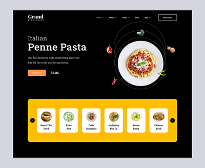 Grand - Restaurant landing page design animation black theme branding cooking delivery app design figma food food delivery grand graphic design illustration online restaurant online shop pasta restaurant landing page ui ux website website landing page