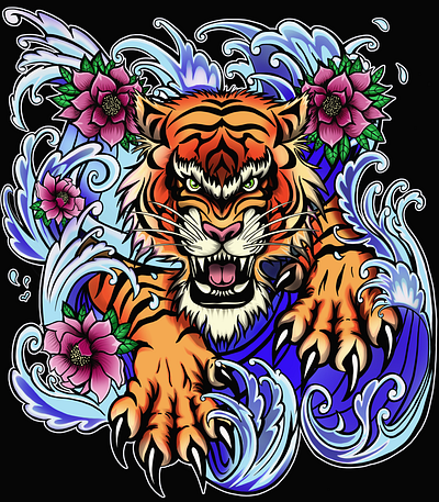 Tiger colorful flowers japanese finger waves japanese tattoo tiger