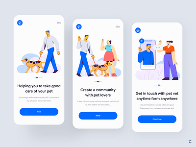 Online Pet mobile app design - Onboarding branding cat continue dog get started guided tour illustration ios app mobile onboarding online pet medical online pet service pet adoption pet care product design profile skip splash screen vet app walkthrough