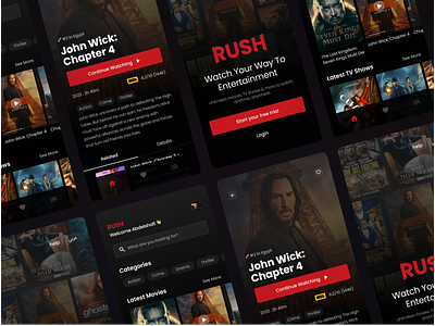 Movies & TV shows App app app design dark design dark mode entertainment movie movies rush streaming tv tv shows ui ui design ui designer user interface