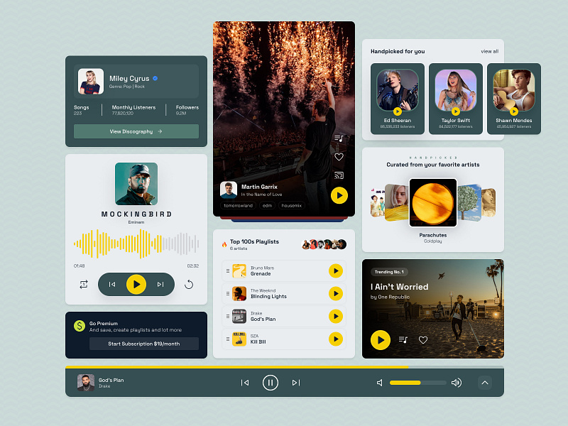 Music Entertainment App/Web Widgets app ui components dashboard design entertainment figma minimal music player podcast spotify web ui widgets