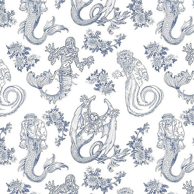 Toile fabric Design MONSTERS with MERMAIDS graphic design toile de jouy toile fabric design toile monsters with mermaids toile mosters toile wallpaper werewolf)