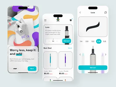 Mechanical Pencil eCommerce app blue clean ecommerce flow futuristic illustration minimalist mobile app modern neat pencil simple stationery store teal ui ui design ux wave