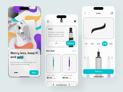 Mechanical Pencil eCommerce app blue clean ecommerce flow futuristic illustration minimalist mobile app modern neat pencil simple stationery store teal ui ui design ux wave