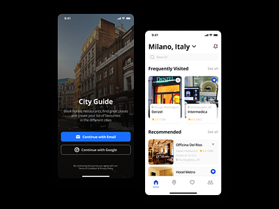 City Guide – Travel Mobile App application black theme booking business buy city city guide dashboard guide hotels ios map onboard reservation restaurants travel travelling user interface ux white theme
