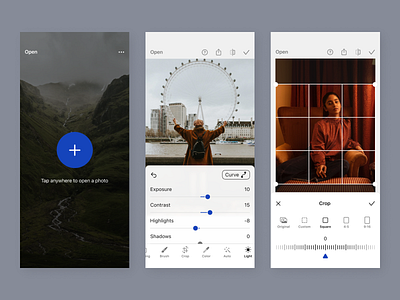 Photo Editor Mobile Application app brush colour correction correction crop curve editing ios mobile design onboard photo photo editor picture ui user interface ux