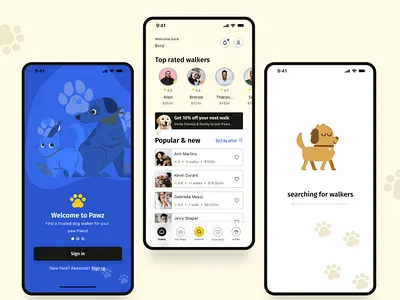 Pawz Dog Walker App app design case study dog app dog walker app dog walking dribbble dribble figma mobile motion graphics pet app pet care app product design prototype ui ui design uiux user research ux web design