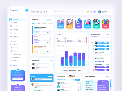 Redesigning the Main Dashboard for Simplitime dashboard design employee engagement employee performance employee productivity employee time tracking productivity tools project dashboard project management task management task organization task prioritization task tracking team collaboration time management time management app time tracking time tracking software work efficiency workflow optimization workforce management