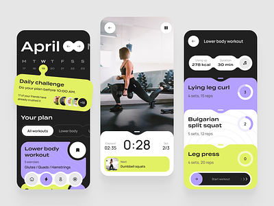 FitLife Fitness App Concept black background calendar daily challenge events fitlife fitness mobile photo post reality social media sport timer ui ux workout