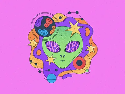 Dreamy Alien 70s alien bright character colorful design fun funny futuristic groovy illustration outline psychedelic retro space stars stroke surreal trippy vector