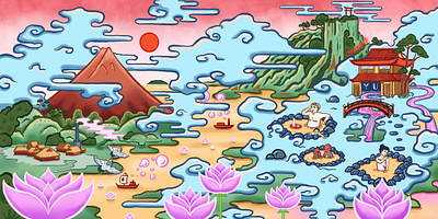 Paradise「極楽浄土」Digital Mural digital illustration digital mural enlightenment hot springs illustration japanese style japanese style illustration mount fuji onsen paradise ukiyo e