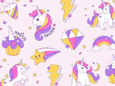 Magical Unicorn Pattern 🦄 💜 ✨ animal artwork colorful colors cute drawings illustration illustration art magic magical pattern rainbow stars unicorn vector