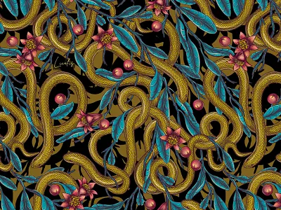 POMEGRANATE EDEN - patterns & motifs animals botanical branding design drawing fabric floral flowers graphic design hand drawn illustration mystical pattern pattern design plants seamless pattern snake textile vintage wallpaper