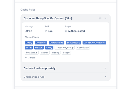 Cache Rules - Details Section accordion api blue cache caching details view dev tooling filter graphql minimal pills product design saas tags ui ui design ui ux web