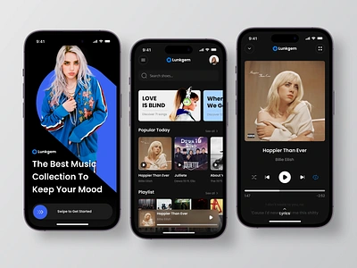 Lunkgem - Mobile Music App billie eilish clean inspiration interface joox listen minimalist mobile mobile app mobile design music app playlist podcast popular song soundcloud spotify ui ui design uiux