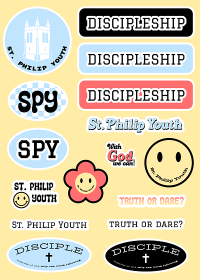st. philip youth group stickers catholic checkerboard checkered christian collegiate cute daisies daisy design graphic design hippie kids ombre retro smiley faces sporty stickers trendy typography vintage