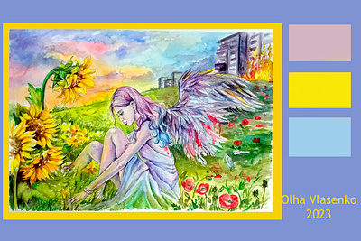 War in Ukraine, an angel against the background of sunflowers angel art graphic design hand painted illustration painting ukraine war watercolor