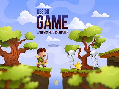 Robin Hood and skeletons. Game design adobe illustrator character character design clouds game game design golden star illustration illustrator landscape robin hood skeleton tree vector vector art vector illustration vectorart