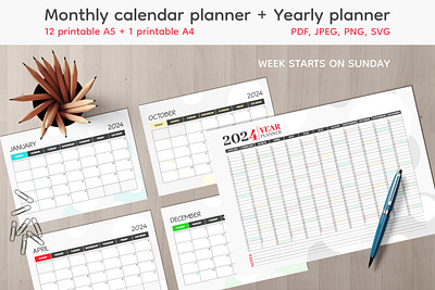 Calendar Planner Templates Bundle SVG PDF bundle calendar design editable graphic design monthly planner printable template yearly