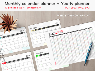 Calendar Planner Templates Bundle SVG PDF bundle calendar design editable graphic design monthly planner printable template yearly
