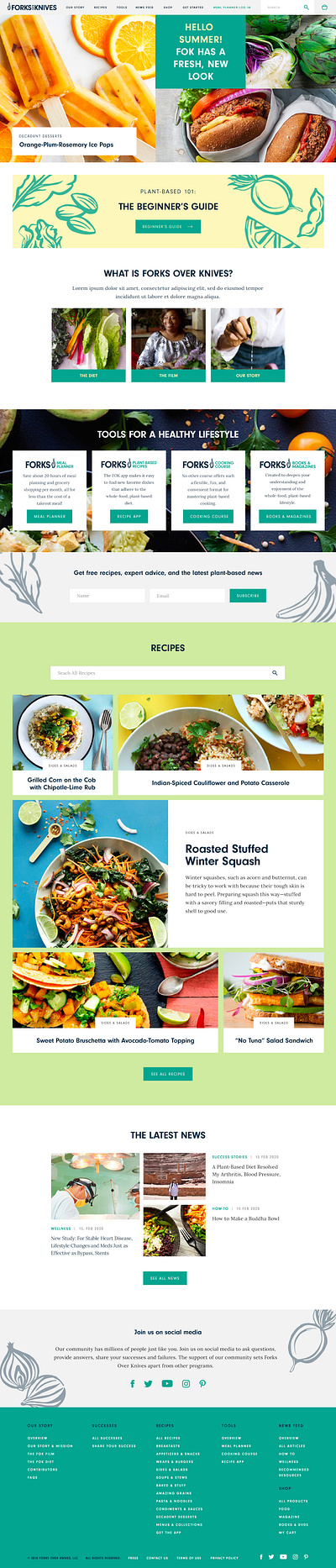 Website Design: Forks Over Knives branding colorful design digital food graphic design health hero homepage illustration layout lifestyle pastel recipe redesign subpage ui ux web design website