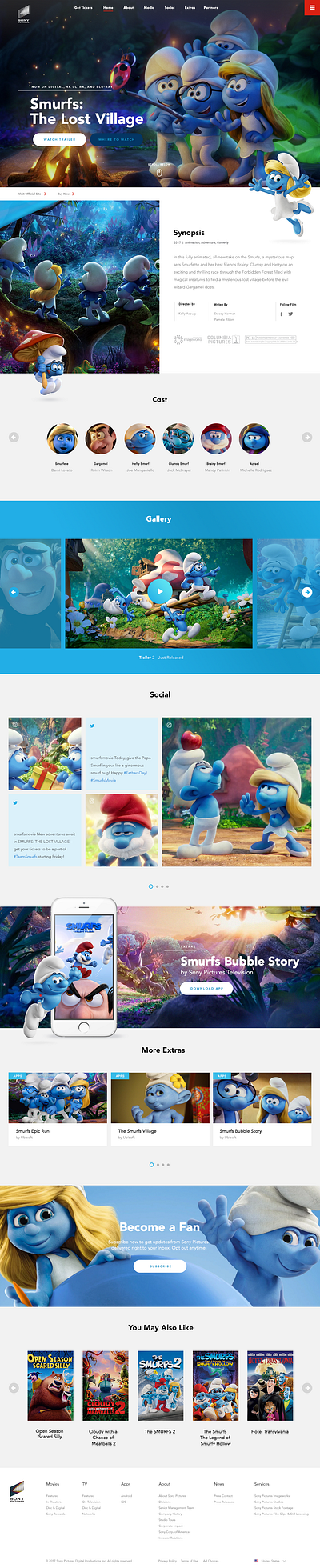 Website Design: Sony Pictures Landing agency design digital entertainment film gallery graphic design hero hollywood homepage layout modular movies redesign smurfs social subpage ui web design website