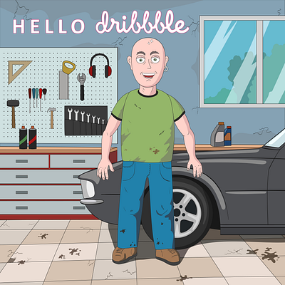 Hello dribbble! cartoon character digital art illustration vector