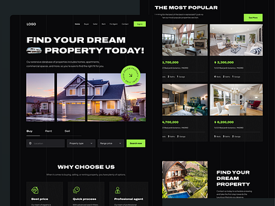 Real-Estate Landing page design appdesign dark theame design figma landing real estate uiux web web design