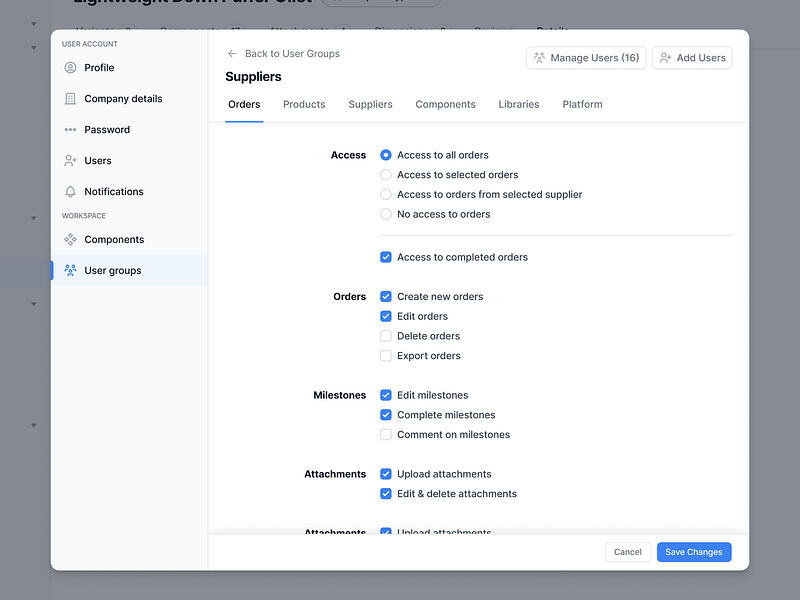 Settings - User Group Permissions blue checkbox dialog fashion app fashion production app figma minimal modal overlay permissions product design radio button saas settings sidebar tabs ui user groups web