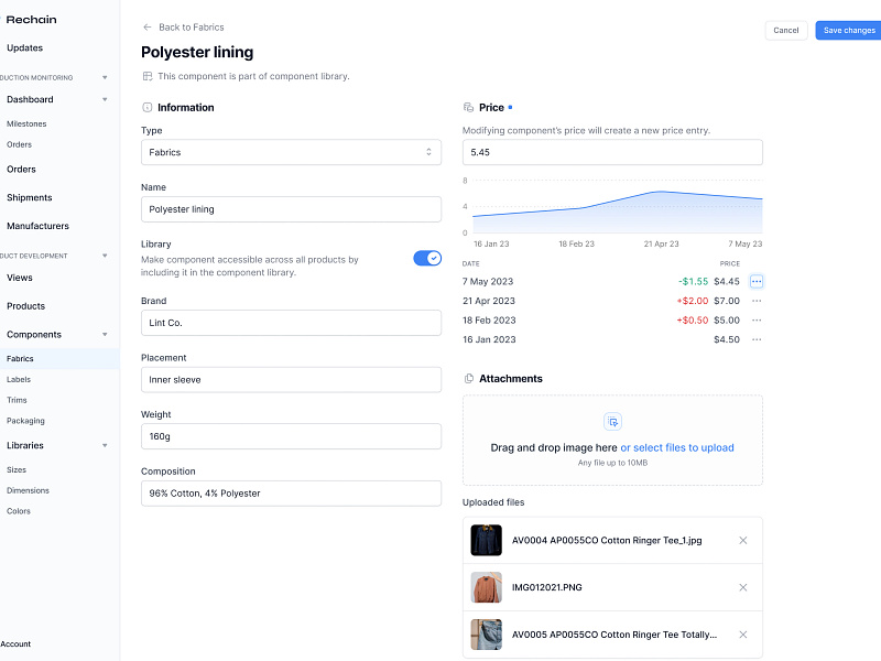 Product Component Details Page blue chart detail view edit edit mode fashion production app figma form list minimal product design saas sidenav ui ui design web