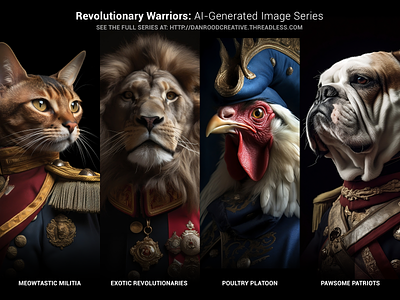 Revolutionary Warriors ai ai generated ai generated images art cats dogs exotic animals fine art prints midjourney revolutionary war uniform roosters