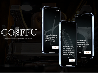 Coiffu app design barbershop. branding dark mode iphone mobile app design ui ux ux research