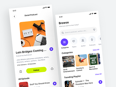 Corecast - Podcast App app browse cast categories detail discover download kit list mobile music player playlist podcast search ui