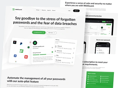 Web Guard - Password Manager Landing page authentication encryption landing page last pass one password password password manager product design saas security vault web app website website concept