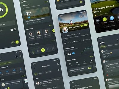 Avid Golf - Collage Version clean collage dark flat ui golf golf match golf round golf sport match mobile mobile app mobile design play golf round sport ui ux virtual game virtual golf