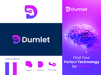 Dumlet logo design ai app brain brand branding human head icon identity logo logo design logo designer logo maker logofolio logotype modern popular symbol tech and technology trendy web