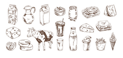 Hand-drawn Dairy products sketch set. bottle