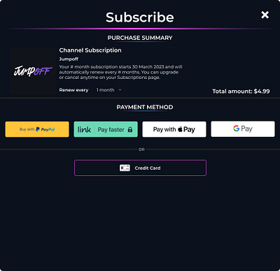 Subscribe - Channel Subscription Modal channel channel subscription credit card design method modal payment payment method subscribe subscription ui web web design