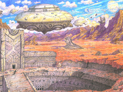 Space archaeologists alien planet archeologists authorial colored pencils concept art cosmos drawing graphic hand drawing hand made illustration original pencil drawing sci fi science fiction space space ship unique vintage