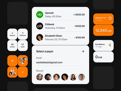 Interface design concept for a Payoneer fintech app | Lazarev. actions balance button cards clean currency dashboard design elements interactive interface list pay payment select transactions ui user ux withdraw
