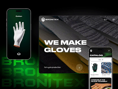 Bronitex: Flagship Smartphone Vibe for Work Gloves Store 3d b2b black blender cg cgi clothes cms ecommerce fun page green online shop promo uiux website