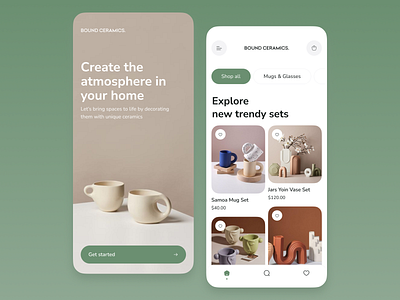 BOUND CERAMICS - app concept app branding ceramics concept design e commerce green ios iphone mobile mobile app mobile shop online shop pastel pottery shop ui