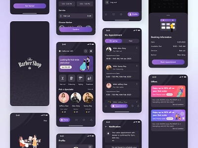 Barber Shop Mobile app app barber app barber shop dark graphic design hair cut mobile offers onboarding online hair cut past theme ui upcoming ux