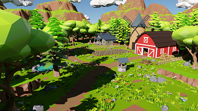 Farm Scene 3D model 3d art environment exterior farm flower forest game grass hay house landscape logs lowpoly mill mountain river rocks tree well