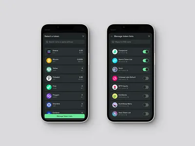 Select and Manage Token Modals | Crypto Wallet bottom sheet bottom sheets crypto crypto app crypto bottom sheet crypto mobile crypto modal crypto swap dark mode dark mode modal exchange modal manage token manage token list select a token select crypto select modal swap modal token modal