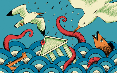 What's the future of Goldman Sachs? 2d bank color crocodile danger digital drown guide gulls illustration landscape magazine procreate rain style tentacle waves