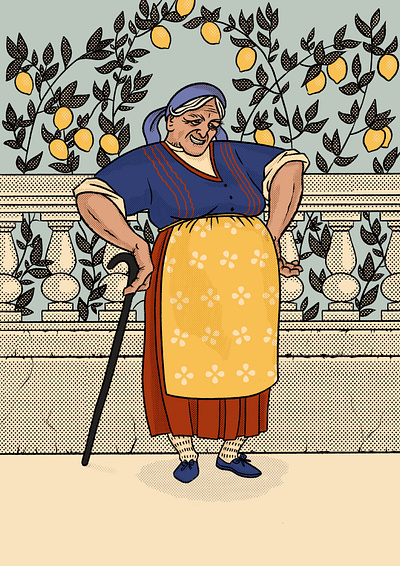 Italian lady 2d adobe photoshop ancient apron character design digital halftone illustration lemon old old lady perky procreate smile stick summer sunny work