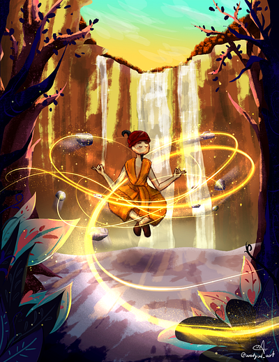 Monk meditating in a magic forest book illustration cartoon character character design children book digital art digital painting forest glow illustration magic painting scenario waterfall